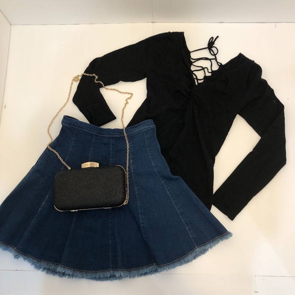 high waist jean skirt, cross body purse, and top